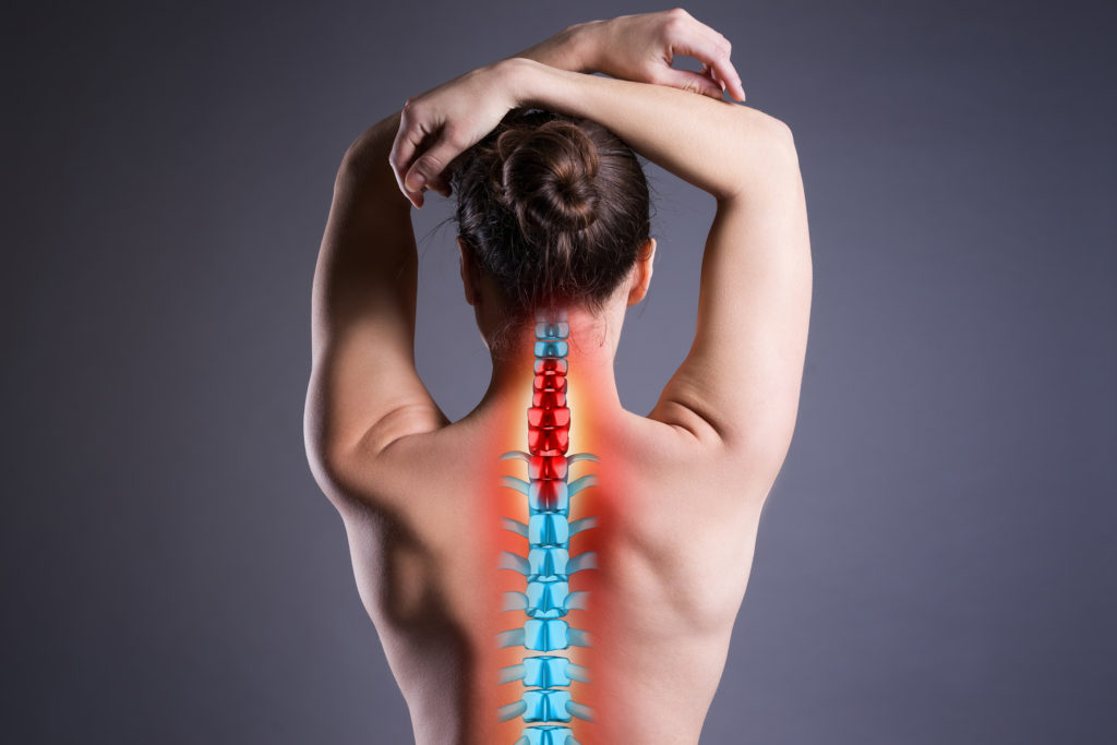 Pain In The Spine, Woman With Backache On Gray Background, Back